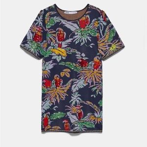 ZARA Sequin Bird/Parrot Printed tropical Jacquard Dress